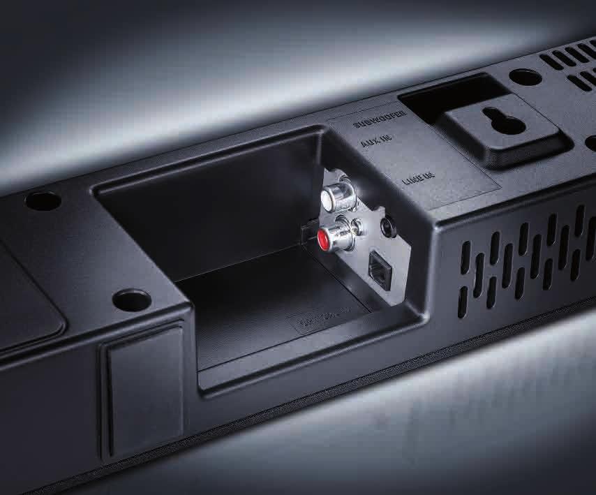 EINFACHE INSTALLATION, HOHE FLEXIBILITÄT Direkt an der Soundbar befi nden sich mit einem 3,5mm Klinkeneingang sowie Cinch Stereo zwei analoge Anschlussmöglichkeiten.