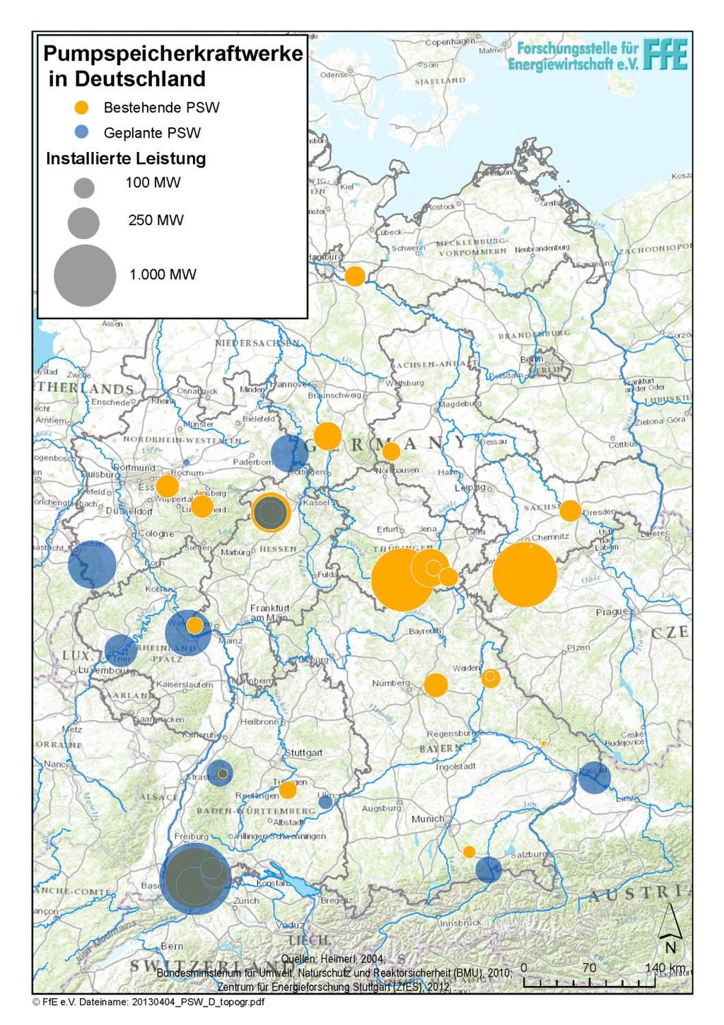 Bestimmung der Leistungen Pumpspeicher Bestandsanalyse Deutschland: 31 PSW Gesamte installierte Leistung: 6,4 GW