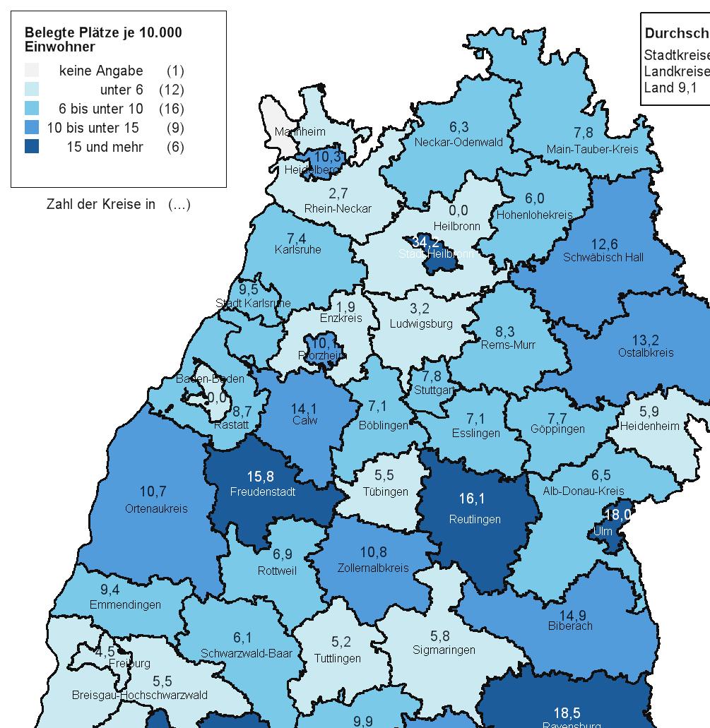 Erwachsene mit seelischer Behinderung in Werkstätten* am 31.12.2014, je 10.000 Einwohner 79 Karte: KVJS, 2017.