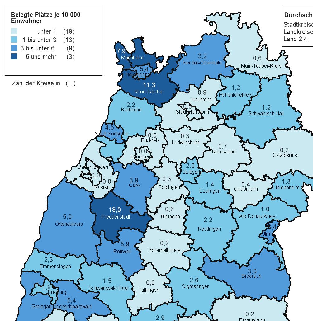 In Bezug zur Einwohnerzahl erhielten durchschnittlich 2,4 Menschen mit seelischer Behinderung je 10.000 Einwohner das Angebot einer Tagesstrukturierung und Förderung mit Standort in Baden-Württemberg.