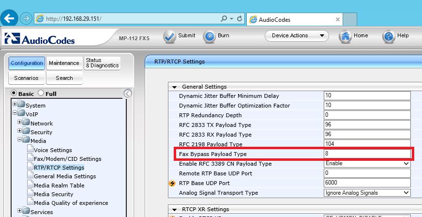 AudioCodes MP-112 für Faxgeräte Aktualisieren Sie das Gerät auf Firmware Version 6.60A..281.003 (kann beim Hersteller bezogen werden).