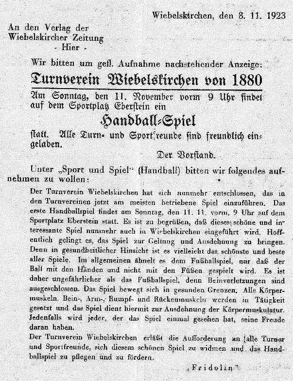 80 Jahre Handball TuS Wiebelskirchen Mit der nachfolgenden Zeitungsanzeige