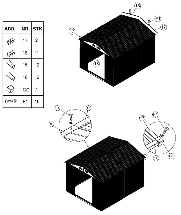 Befestigen Sie nun entlang der Dachkanten die Blenden (15-18) mit Hilfe der Schraubensets F1.