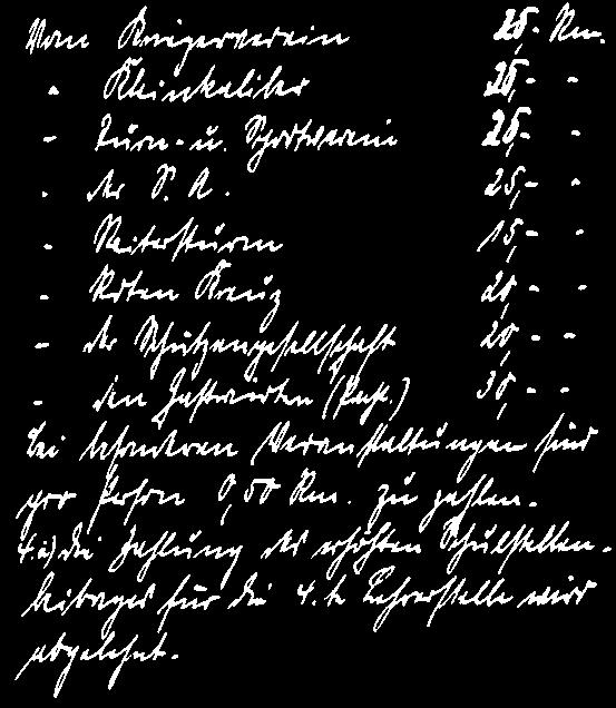 14 15 Der Kriegerverein 25 RM (ab1.1.1940 = 50,00 RM) Kleinkaliberverein 25 RM Turn- und Sportverein 25 RM SA 25 RM Reitersturm 15 RM Roten Kreuz 20 RM Schützengesellschaft 20 RM Den Gastwirten