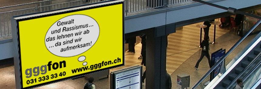 Botschaft "Gemeinsam gegen Gewalt und Rassismus" als zentraler Bestandteil des Projekts Das gggfon ist eine Informations- und Beratungsstelle der Regionen Bern und Burgdorf und berät Einzelpersonen