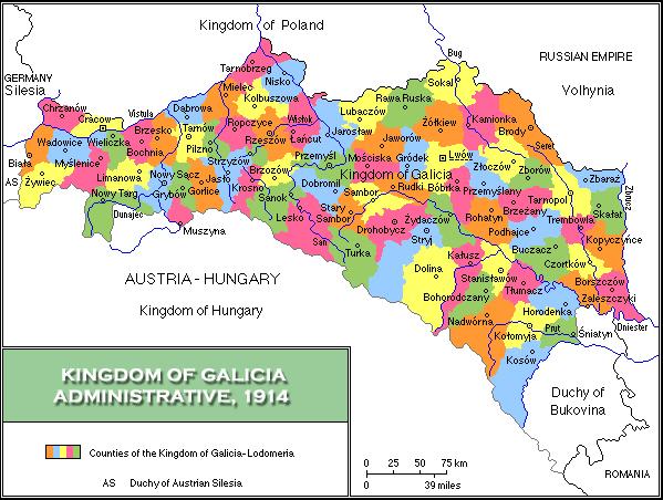 Galicia, 1914 Galicia, officially the Kingdom of Galicia and Lodomeria, was in 1914 a part of the Austro-Hungarian Empire, and was bordered by the Kingdom of Poland and the Russian Empire: The town