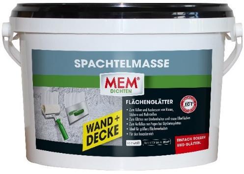 MEM SPACHTELMASSE WAND + DECKE Gebrauchsfertiger, lösemittelfreier Flächenglätter für größere Flächenarbeiten im Innenbereich. Ideal zum großflächigen Glätten von Unebenheiten und rauen Oberflächen.