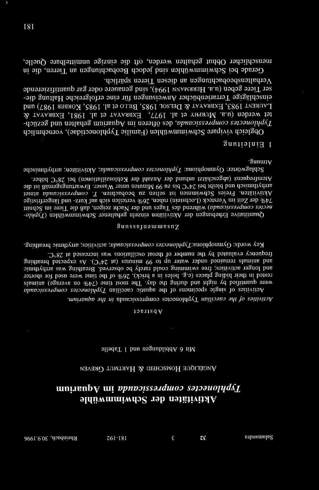 1996 Aktivitäten der Schwimmwühle Typhlonectes compressicauda im Aquarium ANGELIQUE HüMSCHEID & HARTM UT GREVEN Mit 6 Abbildungen und 1 Tabelle Abstract Activities of the caecilian Typhlonectes