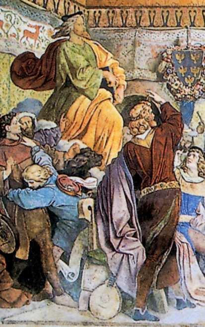 Bild: Klingsor, obere Gestalt mit goldenem Mantel und schwarzem Buch, Heinrich im braunen Gewand weist auf ihn, s.o.].