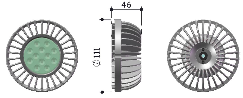 Reflektormaterial PC mit Polymethylmethacrylate (PMA) Höhe h [mm] 46 Durchmesser d [mm] 111 Mechanische Aussetzung der Halterung Erfüllt die IEC 60598-1 (Sektion 4) Gewicht [g]