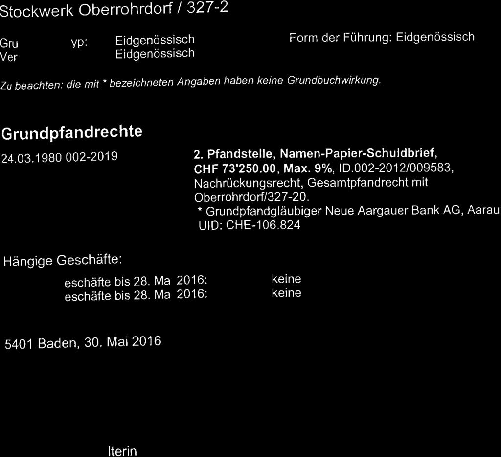 Grundbuch-Auszug Stockwerk Oberrohrd ort I 327-2 zu beachten: die mit. bezeichneten Angaben haben Grundbuchwirkung. Grundpfandrechte 24.03.1980 002-2019 2.