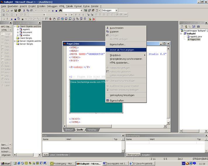 Eckart Modrow Java-Applets mit J++ S. 2 2. Die HTML-Startdatei Die HTML-Datei kann in drei Versionen angezeigt werden: Entwurf, Quelle und Vorschau. In der Quelle-Version wird der HTML-Text angezeigt.