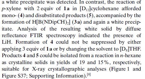 a) Behauptung: 1a + Xylene 4 und 5 (und 3a) b) unbekannter farbloser Feststoff beobachtet enthält LiH (FT-IR) c) experimentelle Details zu a) d)