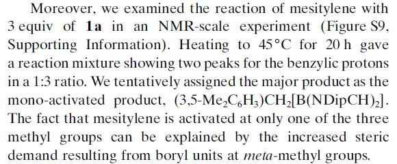 a) Beschreibung des Versuchs b) Beobachtung: 1H NMR Analyse der Produkte zeigt Signale im Benzylbereich mit Integral 1:3 3 + Produkt ist nicht nummeriert c) Behauptung: Hauptprodukt ist