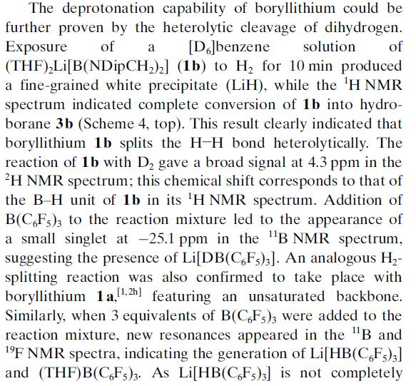 a) Behauptung: heterolytische Spaltung von H2 durch 1b (Boryllithium als Base) b) Beschreibung des Versuchs/Beobachtung c) Beweis: Bildung von 3b (1H NMR) d) (D2 verhält