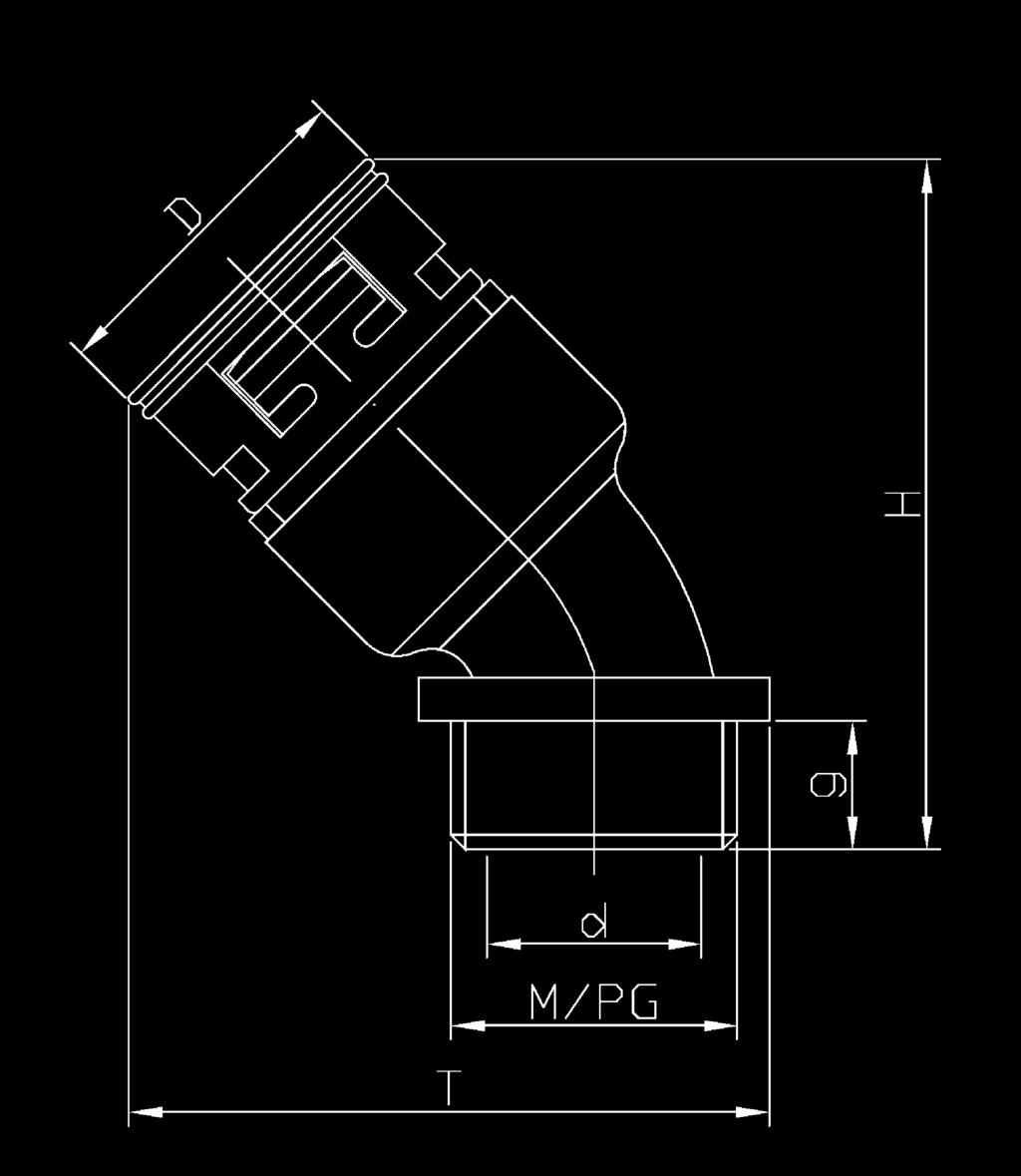 45 -Bogenwinkel mit integrierter Manschetten-Dichtung und Metall-Außengewinde, IP67 rohrseitig 45 Elbow with integrated seal, male metal thread, IP67 on tube VM Polyamid, mehrteilig, mit