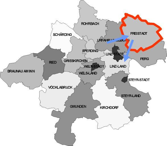 3) RÄUMLICHE BETRACHTUNG DES VERKEHRS FÜR DEN BEZIRK Freistadt (Substrat: Wohnbevölkerung von Oberösterreich) Insgesamt werden von den Oberösterreicher/innen im Bezirk Freistadt rund 165.