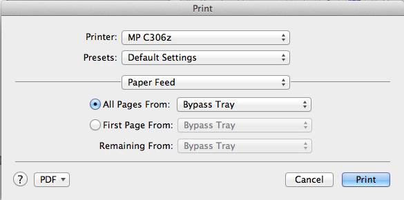 2.1.2 Aus OSX Um einen anderen Papiertyp zu Drucken sollte man dies in den Druckeigenschaften einstellen. Wählen Sie unter Papierhandhabung den Bypass (Handeinzug) aus.