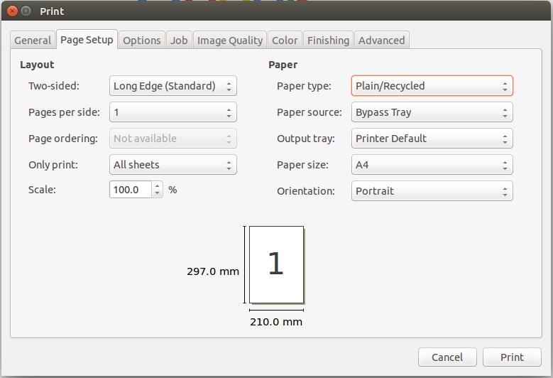 2.1.3 Aus Linux Um einen anderen Papiertyp zu Drucken sollte man dies in den Druckeigenschaften einstellen. Wählen Sie unter Papierhandhabung (Paper source) den Bypass Tray (Handeinzug) aus.