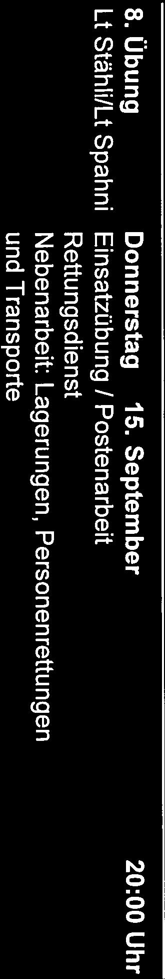 Detailausbildung 7. Übung Montag 15. August 20:00 Uhr Lt Spahni/Lt Stähli Einsatzübung / Postenarbeit Wald brand Nebenarbeit: MS Speisung ab Hydrant 8. Übung Donnerstag 15.