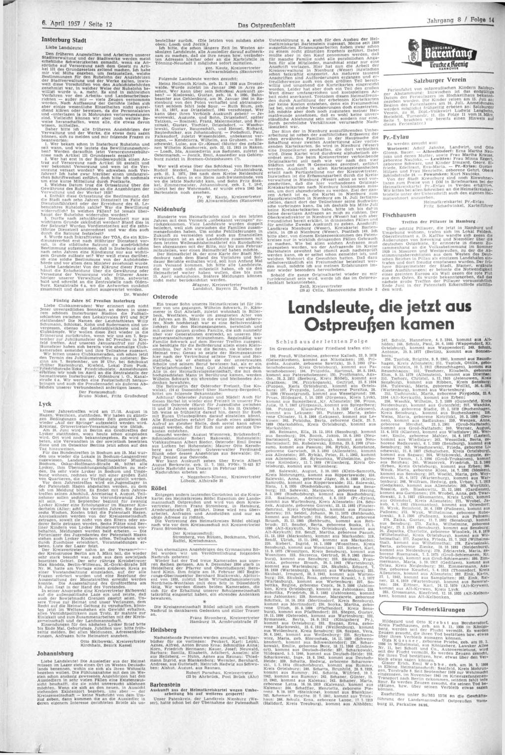 I 6. April 1957 / Seite 12 Das Ostpreußenblatt Jahrgang 8 / Folge 14 Insterburg Stadt bestellbar zurück. (Die letzten von solchen siehe Unterstützung u. a.