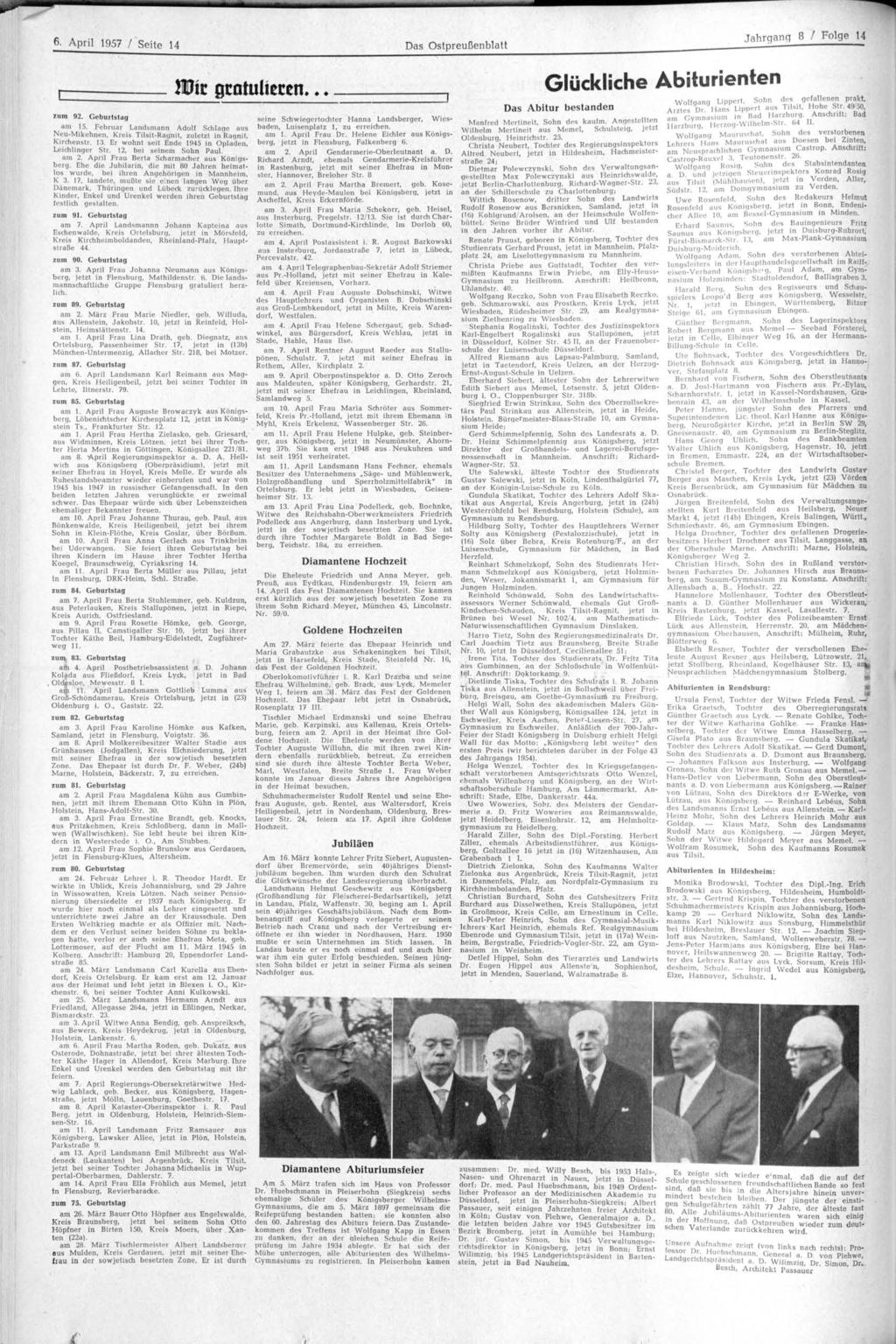 6. April 1957 / Seite 14 Das Ostpreußenblatt Jahrgang 8 / Folge 14 zum 92. Geburtstag HJir gratulieren.. am 15.