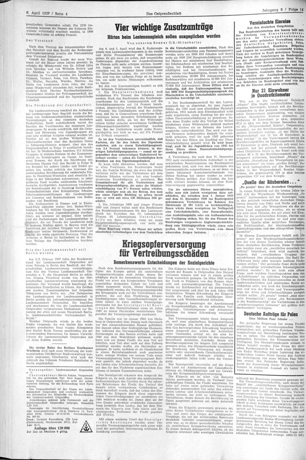 6 - April 1957 / Seite 4 Das Ostpreußenblatt Jahrgang 8 / Folge U preußischen Gemeinden erfaßt.