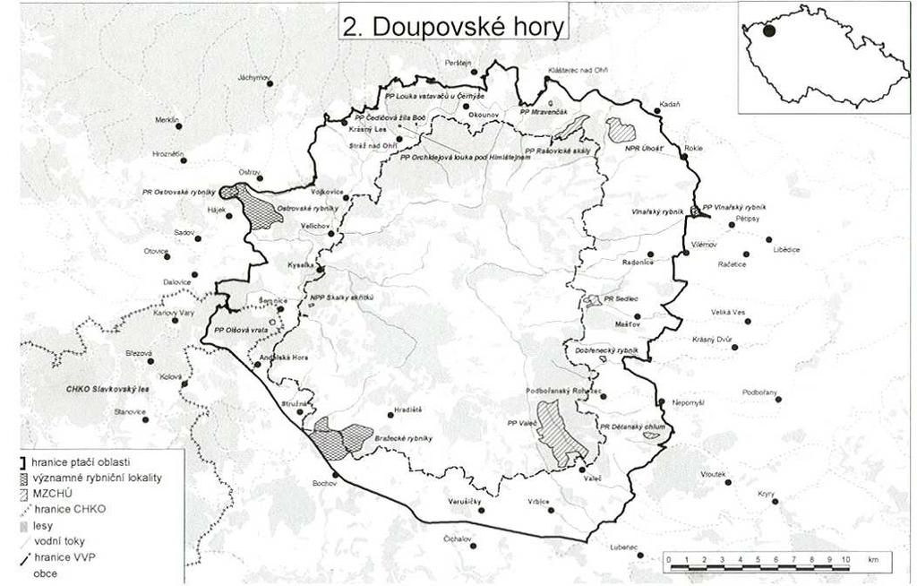 2. Doupovské hory Karte Legende: Grenze des Vogelschutzgebietes bedeutende Teichgebiete MZCHÚ- Kleines besonders