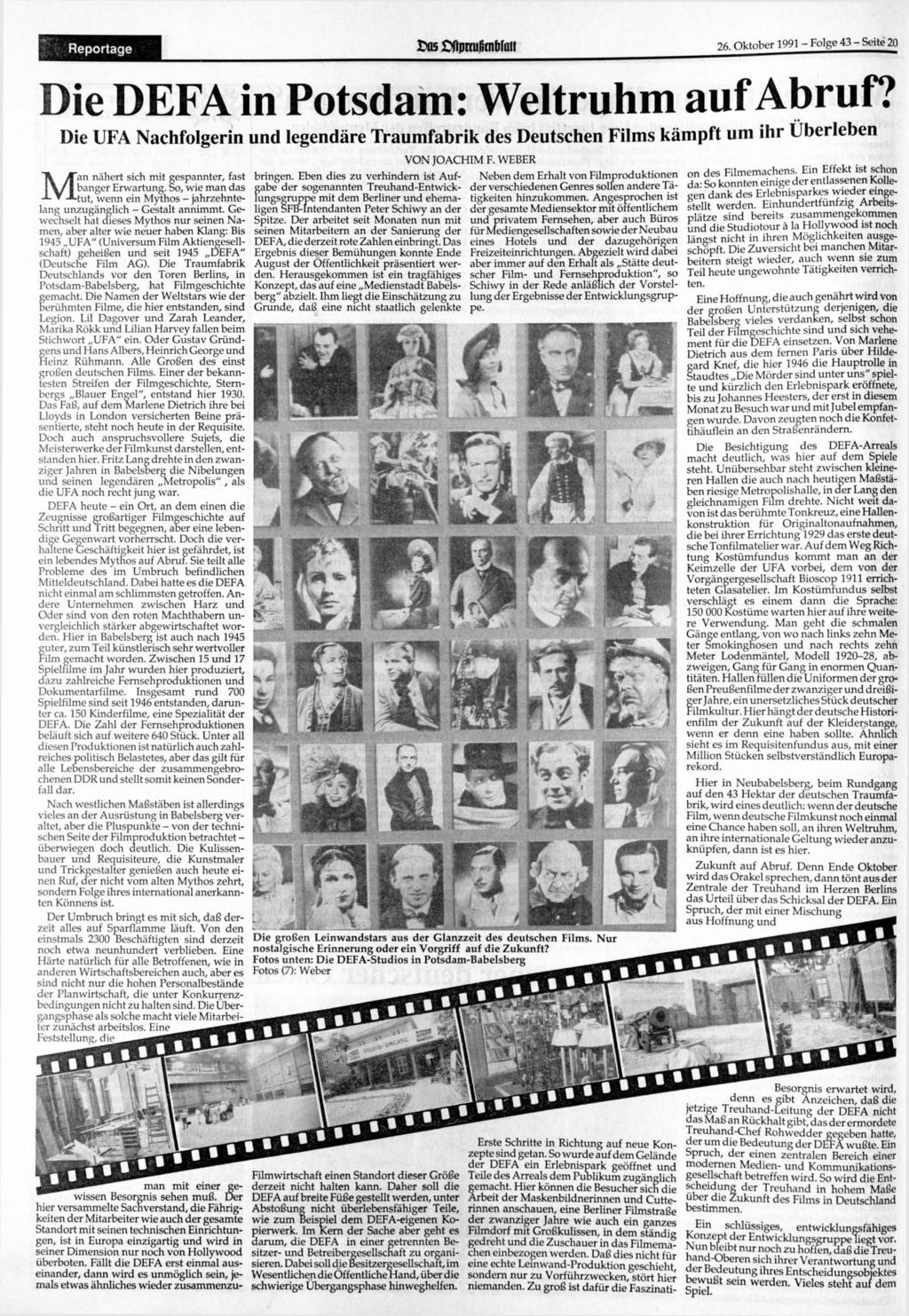 Reportage 26. 1991 - Folge 43 - Seite 20 Die DEFA in Potsdam: Weltruhm auf Abruf?