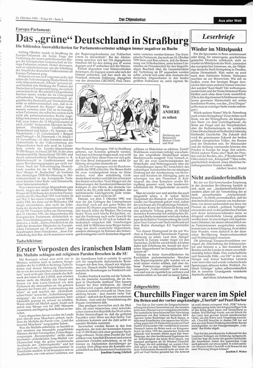 26. 1991-Folge 43 - Seite 5 Aus aller Welt Europa-Parlament: Das grüne" Deutschland in Straßburg Die fehlenden Auswahlkriterien " für Parlamentsvertreter schlagen immer negativer zu Buche Anfang