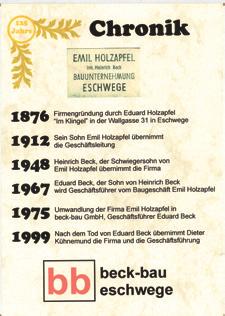 Einhergehend mit der Übernahme der Geschäftsleitung durch Eduard Beck, Enkel Emil Holzapfels, erfolgte die Umfirmierung in beck-bau.