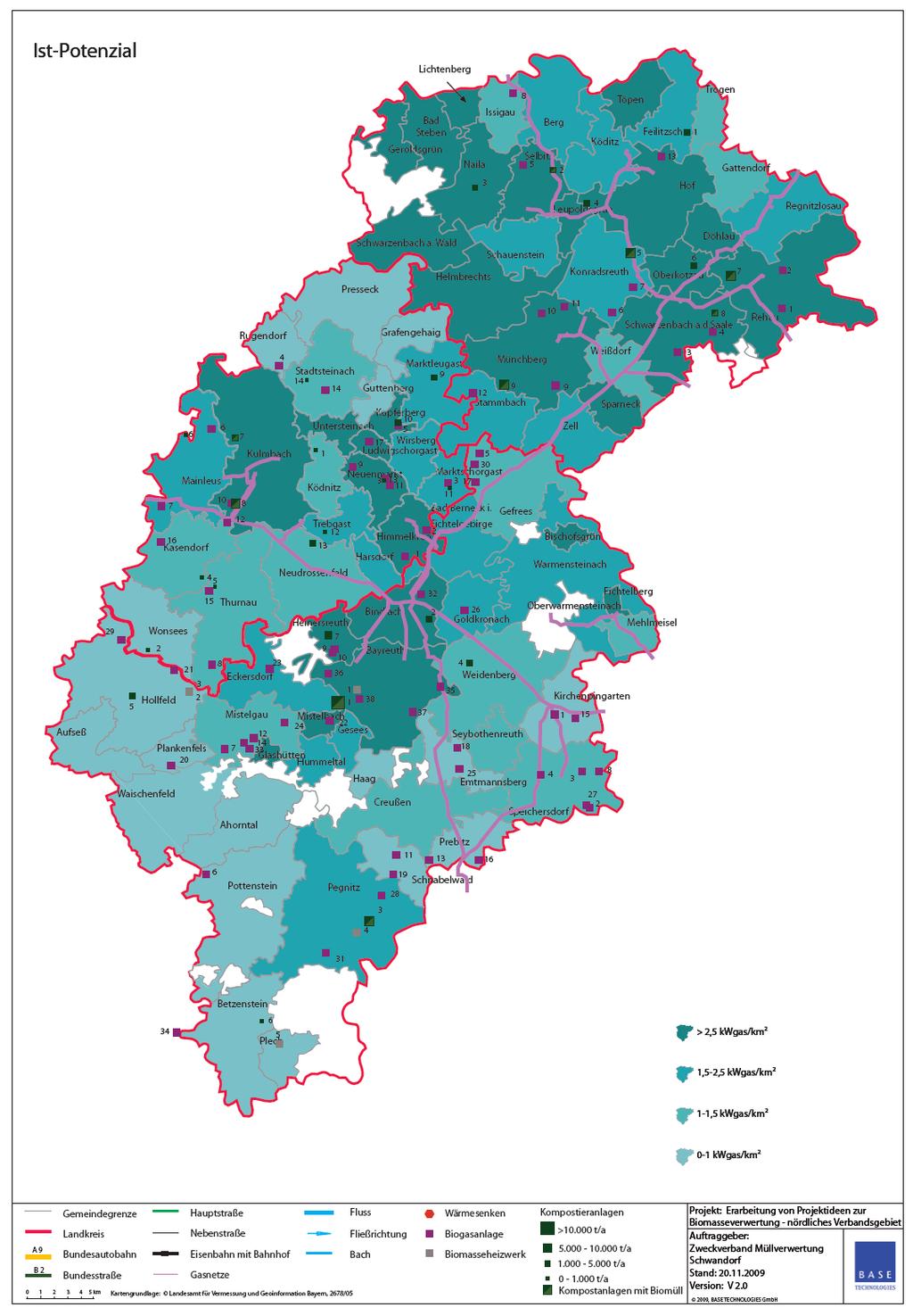 Analyse der Potenziale und resultierende Anlagengröße Um jährliche Spitzen anzupassen werden die Durchschnittsmengen über die Jahre 2008, 2009 und 2010 verwendet.