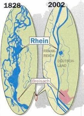 Der Oberrheinausbau Verkürzung der Lauflänge um etwa 82 Kilometer Verringerung der Fließzeit