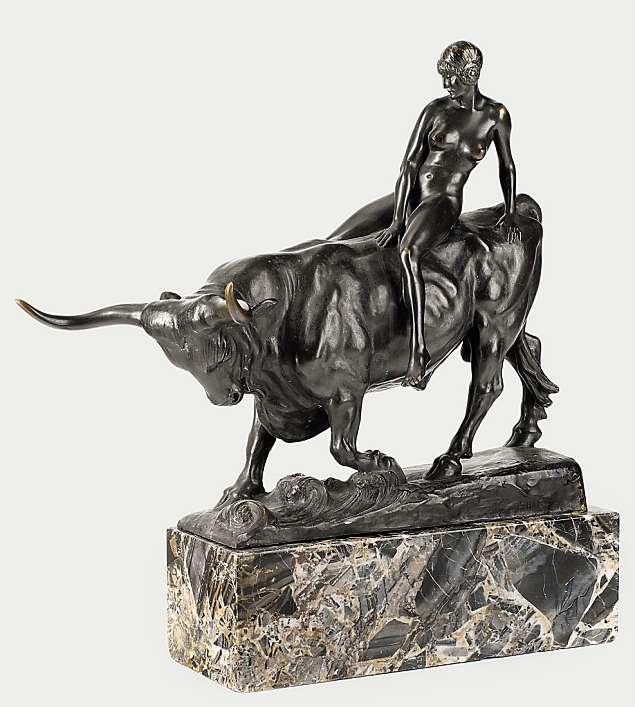 Bronze teilweise patiniert, auf schwarzgrün-weissem Marmorsockel, L= 62 cm CHF 2 000 /2500. EUR 1 300 /1 600.