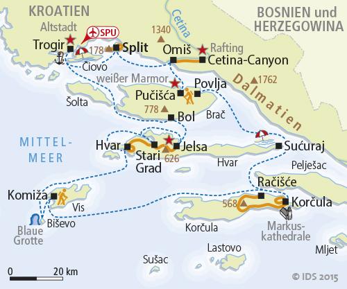 1. Tag Einschiffung Trogir - Insel Solta Die Anreise erfolgt individuell entweder mit dem PKW nach Trogir oder mit dem Flugzeug zum Flughafen Split, der rund 5 km vom Einschiffungshafen Trogir