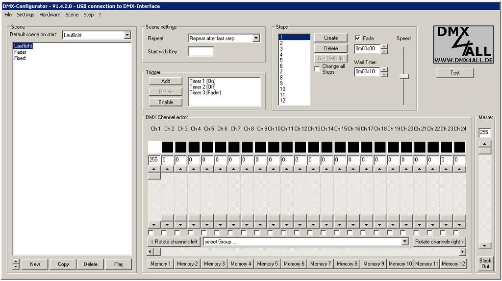 Stand-Alone-Funktion programmieren DMX-Player L 9 Der DMX-Player L verfügt über eine vom Benutzer programmierbare Stand-Alone- Funktion.