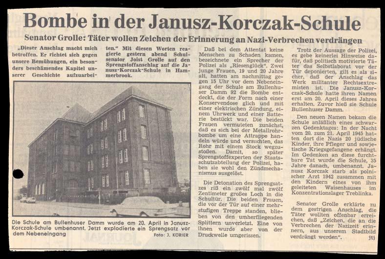 Die Gedenkstätte Bullenhuser Damm Dokumente und Fotos Bombe in der Janusz-Korczak-Schule.