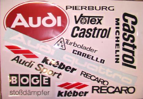 Rallyedekore Alle nötigen Aufkleber für ein Rallyefahrzeug. Gruppe 4, A1, A2, S1 als Sortiment. Druck auf weisser / transparenter Folie. Das kompl.