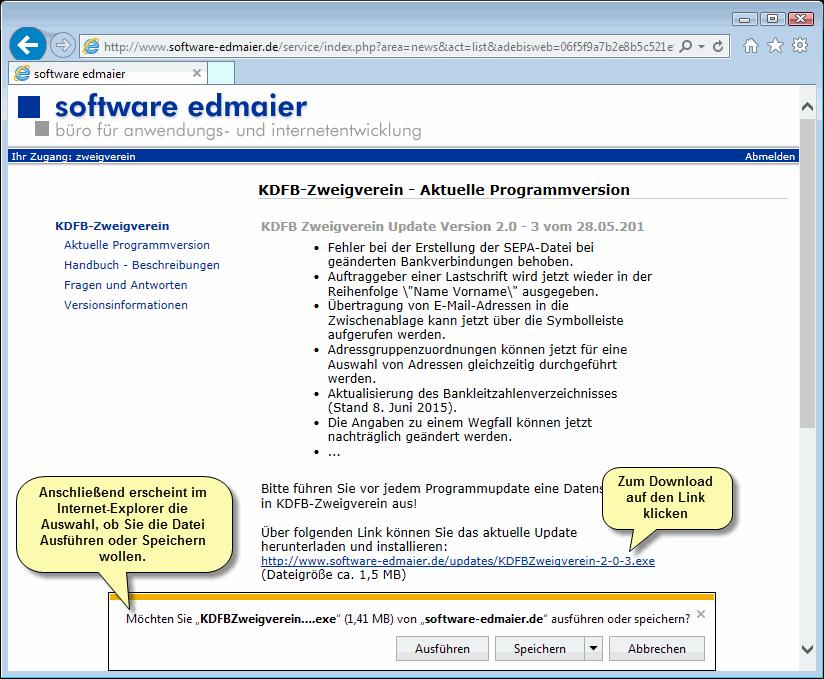 Es erscheint eine Infoseite zur aktuellen Programmversion. 4. Klicken Sie hier auf den Datei-Link für das Update. www.software-edmaier.de/updates/kdfbzweigverein-2-n-n.