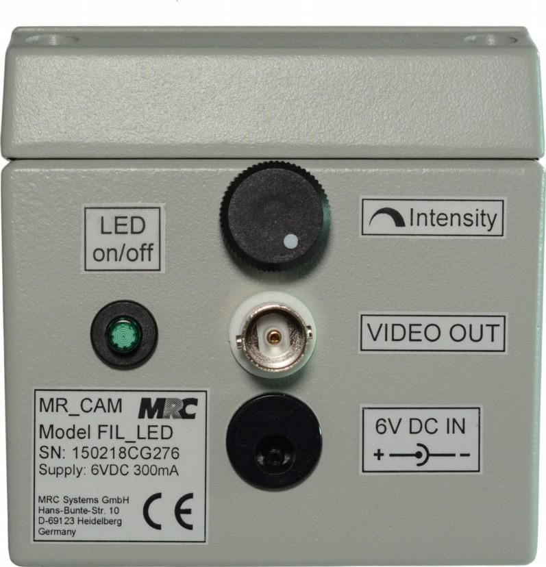 Betriebsanzeige und LED- Abschaltung LED Intensitätseinstellung Spannungsversorgung Videoanschluss Abbildung 4: Filterbox (Rückseite) 7.1.