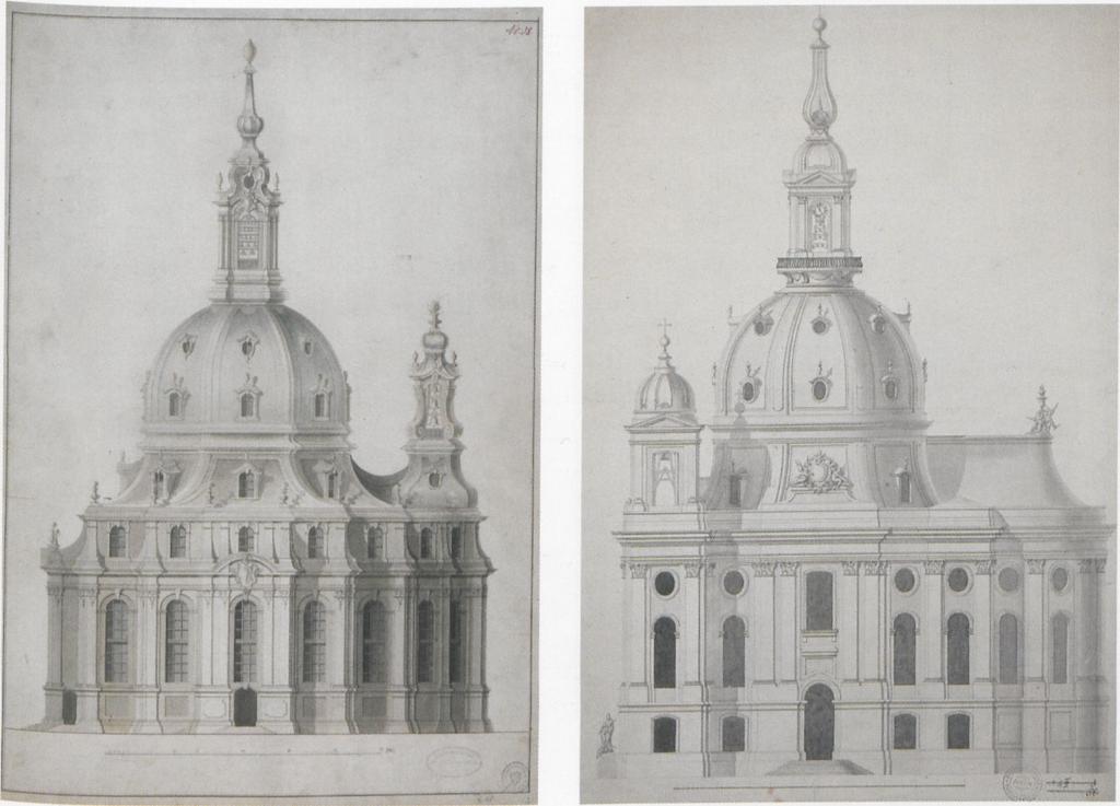 Abb. 1: George Bähr, Erstes Projekt fiir die Frauenkirche Abb. 2: Johann Christoph Knöffel, redigierter Plan für die Frauen- kirche, Seitenansicht Abb.
