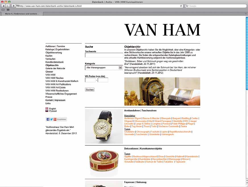 Kostenlose Preisrecherche zu Schmuck, Uhren, Silber und Porzellan! Unser Objektarchiv auf www.van-ham.