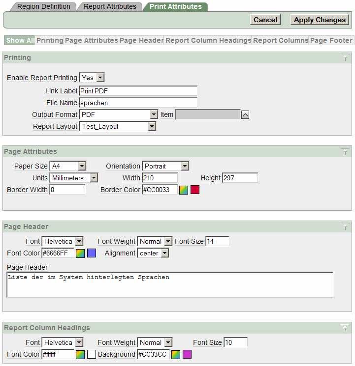 Regionseinstellungen für PDF-Druck Eigenschaften-Seite