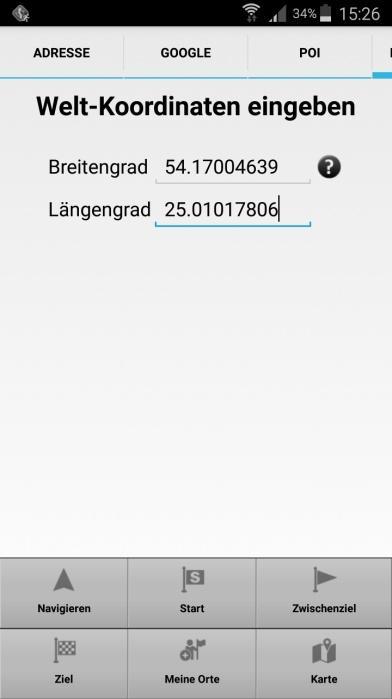 Tippen Sie ganz rechts auf KOORDINATEN. In dem nun erscheinenden Bildschirm Welt-Koordinaten eingeben (s.