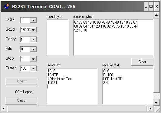 Ansteuerung mittels Terminalprogramm über PC (Beispiel): Im obigen Bild sind unten 2 Fenster zu sehen: send Text zeigt die an den DL100 gesendeten Texte & Befehle an.