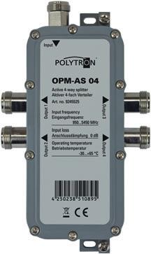 Zur Verteilung der HF-Signale des OPM-LNB 100 Spannungsversorgung über OPM-CON Active HF splitter OPM-AS 04 is an active 4-way splitter distributing the incoming HF signals of the OPM-LNB 100