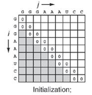 RNA-Faltung: Dynamic programming Um einen effizienten Algorithmus zu konstruieren, müssen wir immer die Werte für S(i + 1,j 1),S(i + 1,j),S(i,j 1), sowie S(i,k) + S(k + 1,j) für k = i,.