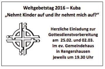 Ausgabe 7 I 17. Februar 2016 Seite 53 Evangelische Kirchengemeinden in RENGERSHAUSEN Pfarrerin Andrea Brede-Obrock Zum Felsengarten 13, Rengershausen Tel.