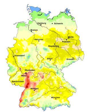 Rheinland-Pfalz Änderung der Anzahl heißer Tage 1957-1966 1967-1976 1977-1986
