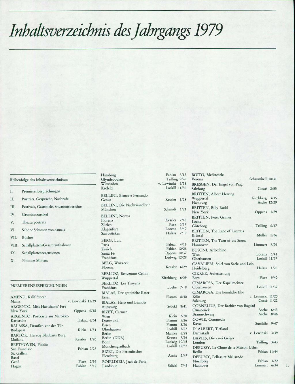 Inhaltsverzeichnis desjahrgangs 1979 Reihenfolge des Inhaltsverzeichnisses I. Premierenbesprechungen II. III. IV.